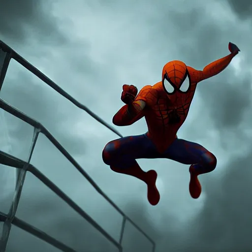 Image similar to moody atmospheric render of an orange and green spiderman by wlop made with unreal engine