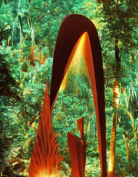 Image similar to vintage color photo of a giant 1 1 0 million years old abstract sculpture made of light beams and liquid gold in the jungle