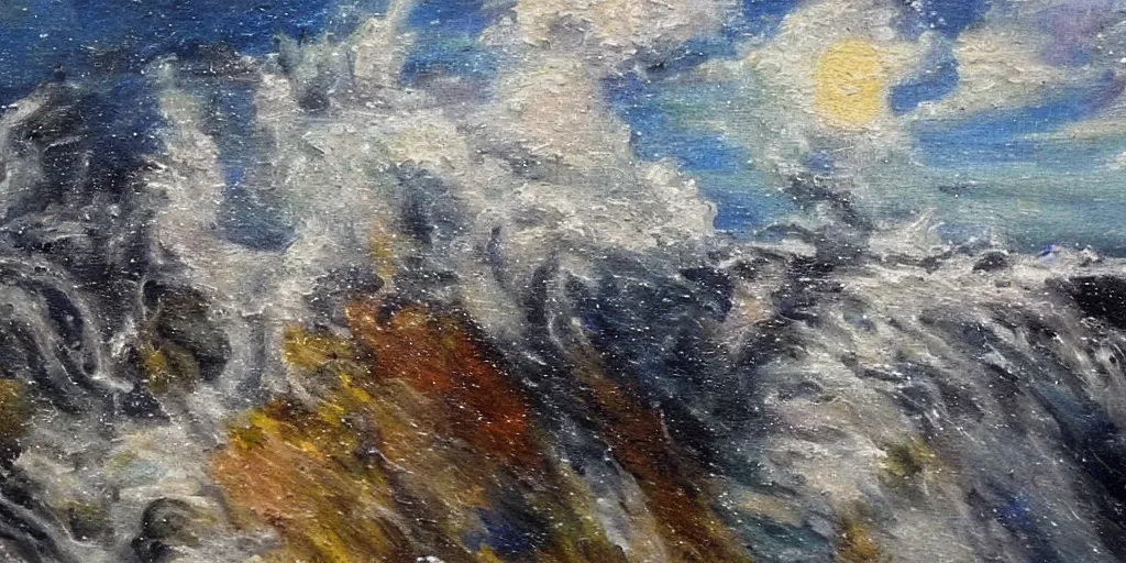 Prompt: tsunami crashing into Manhattan, high above, impressionist painting