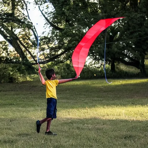 Image similar to a boy flying a kite with the shape of a drone tied to a string.