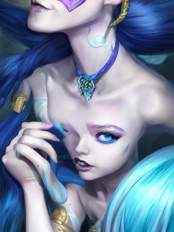 Image similar to a Portrait of JINX from League of Legends, blue hair, pigtail, intricate, elegant, highly detailed, digital painting, concept art, smooth, sharp focus, illustration, by Alex Horley,Heather Theurer,aaron horkey,Greg Rutkowski,artstation,deviantart,FAN ART,Unreal Engine,face enhance,8K,golden ratio,cinematic lighting