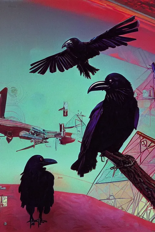 Image similar to a raven observing 8 0 s era technology, vintage shapes, retro technology, glowing color, wayne barlow, oil on canvas, deep depth of field, masterpiece, cinematic composition, hyperdetailed