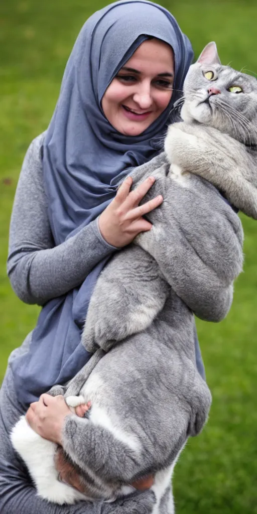 Prompt: white muslim girl in a gray hijab smiling intensely, intensely smiling, holding a grey cat in her arms. the cat is falling out and screaming.