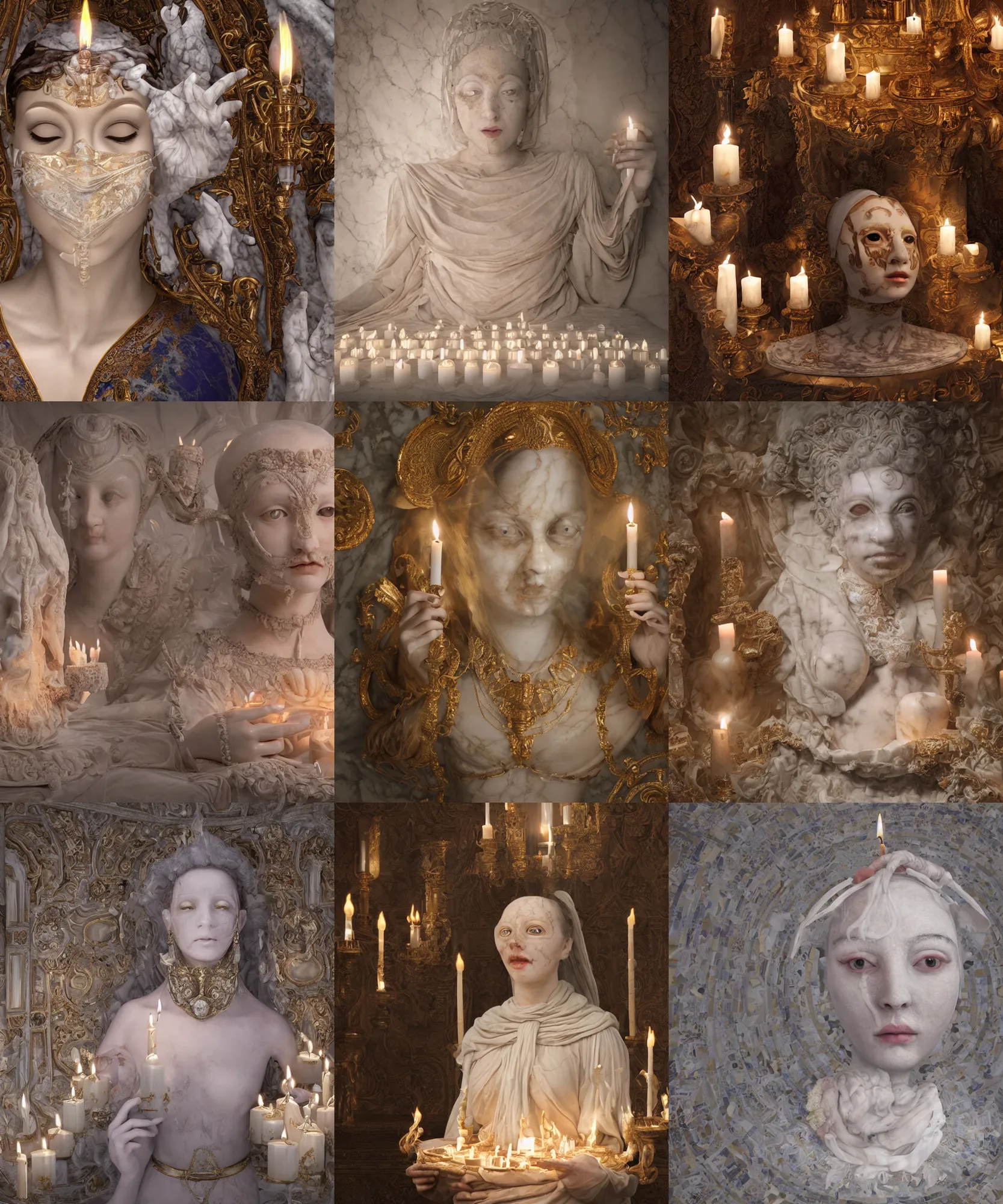 Prompt: a renaissance wax goddess in occult full-face mask covered with many candles, highly detailed marble cloth, gi, global illumination, physically based rendering, photorealistic, top light, by Livio Scarpella, Urs Fischer, Jin Shan, Mooniq Priem, white background