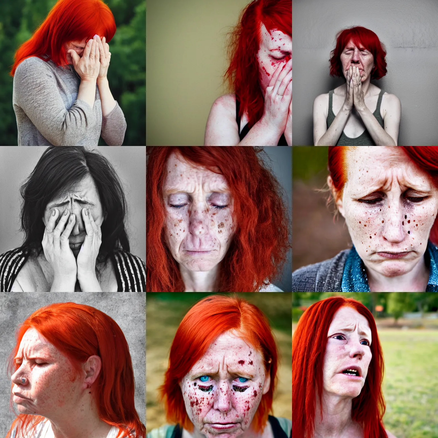 Prompt: a photograph of a crying thirty year old woman standing alone, red hair, freckles, tears