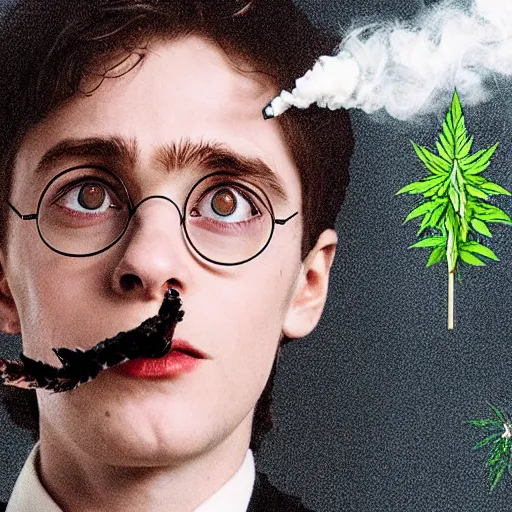 Image similar to harry potter smoking weed, surrounded by weed plants, joints falling from sky, smoke everywhere, fire smoke dense red eyes, eating weed leaf, weed flying everywhere