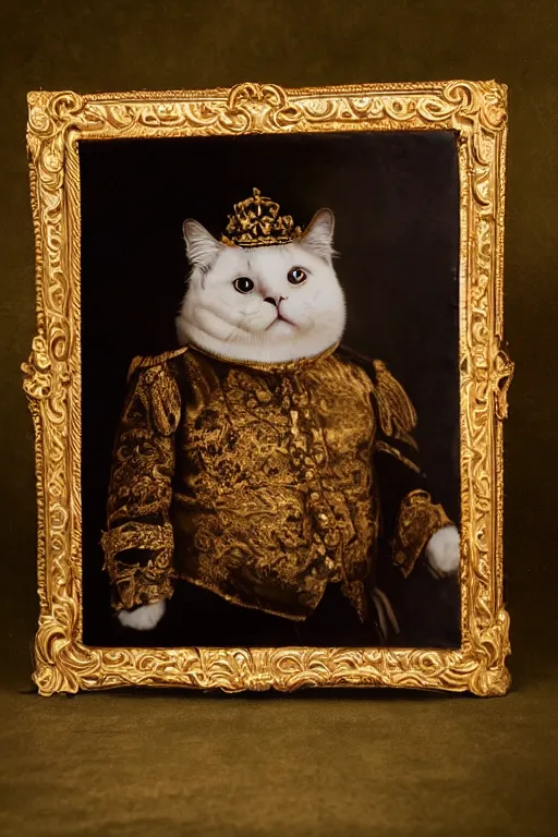 Image similar to a magnificent tintype portrait of a fluffy fat royal cat on an embroidered velvet cushion on a neo - rococo gilded little bed, by david lachapelle, photorealistic, photography, wide shot