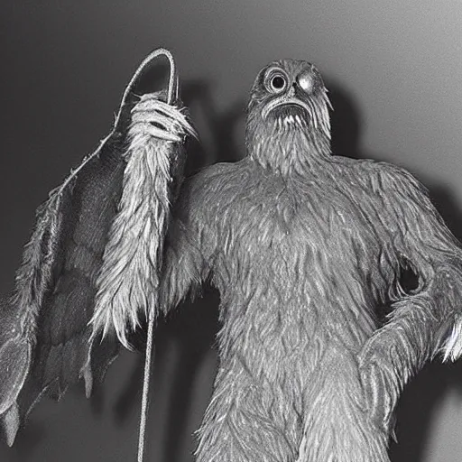 Prompt: mothman hanging out with bigfoot, hyperrealistic