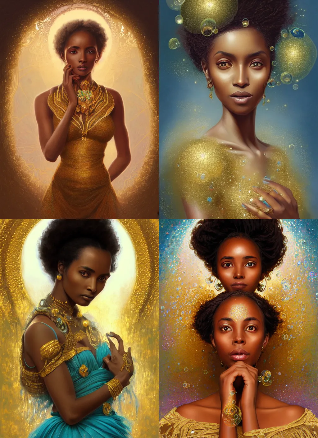 Prompt: portrait of magical ethiopian woman, dreamy and ethereal, gold and teal eyes, peaceful expression, ornate frilly dress, fantasy, intricate, elegant, rainbow bubbles, highly detailed, digital painting, artstation, concept art, smooth, sharp focus, illustration, art by artgerm and greg rutkowski and alphonse mucha