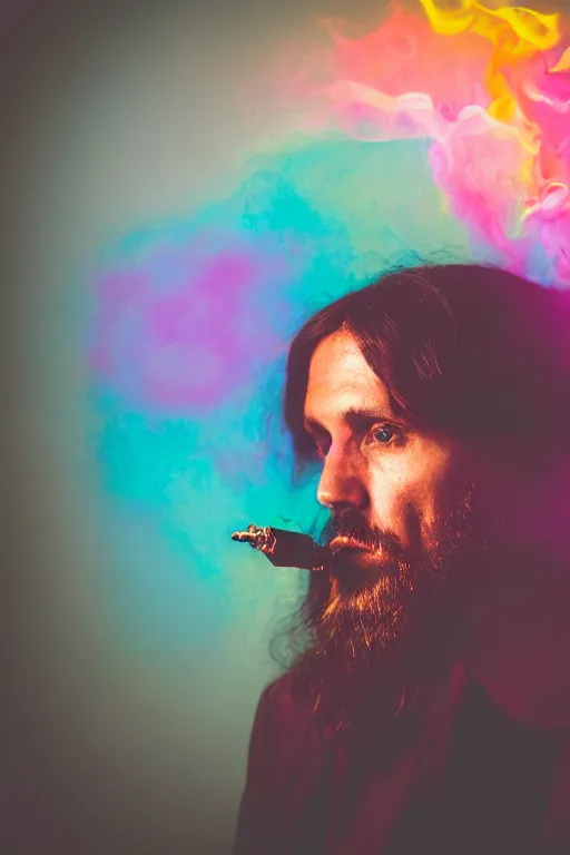 Image similar to portrait photography, jesus smoking a blunt, colorful, drmatic lighting