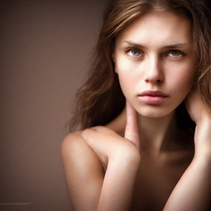 Prompt: photographic Close-up face of a extremely beautiful girl with light brown hair , high light on the left, non-illuminated backdrop, illuminated by a dramatic light, Low key lighting, light dark, High constrast, dramatic , Steve Mccurry, Greg Rutkowski, Alphonse Mucha ,dark background, high quality, photo-realistic,four fingers maximum ,8K,