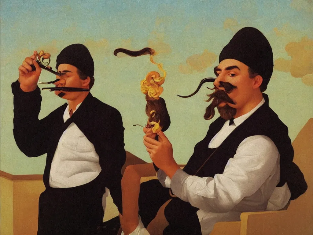 Image similar to young russian sailor with a mustache smoking a pipe, by andrey remnev