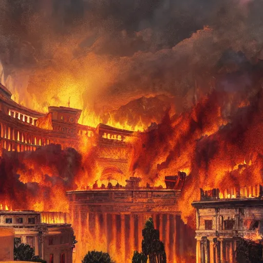 Image similar to Painting of the great fire of rome, abstract, realism, 8k, detailed, terror, octane render, 3d render, complex, emotion