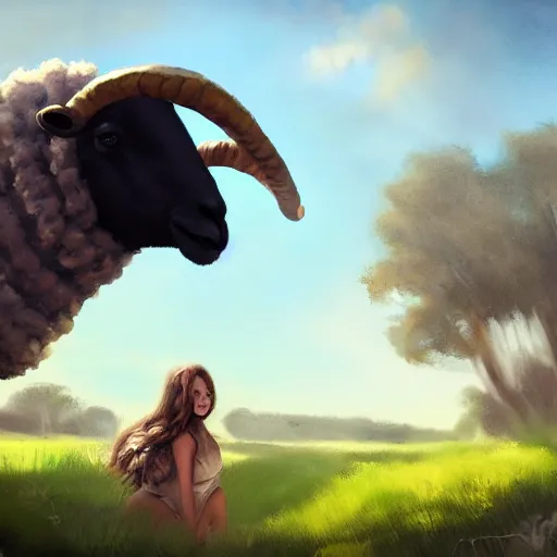 Image similar to girl riding a giant sheep at the farm, trending on artstation