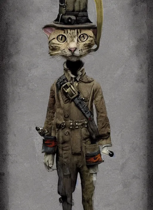 Image similar to a dieselpunk character portrait of an anthropomorphic cat soldier, by stephen gammell, by jack gaughan, by george ault, by victo ngai, 3 d render, cgsociety, artstation