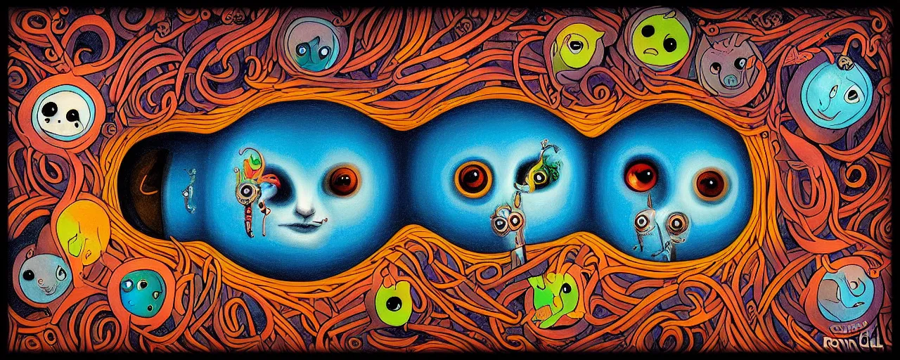 Image similar to deep ego - self axis tunnel with a strange whimsical wild creatures with endearing eyes, painted by ronny khalil