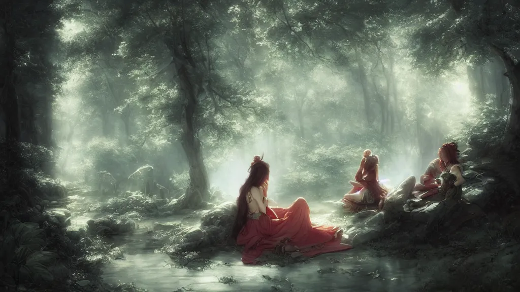 Prompt: elven princess sitting with sun wukong in the melancholy forest. andreas achenbach, artgerm, mikko lagerstedt, zack snyder, tokujin yoshioka