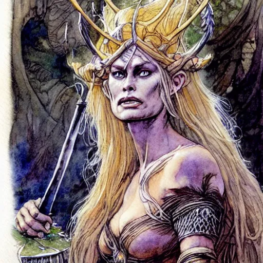 Prompt: a realistic and atmospheric watercolour fantasy character concept art portrait of brigitte bardot as a druidic warrior wizard looking at the camera with an intelligent gaze by rebecca guay, michael kaluta, charles vess and jean moebius giraud