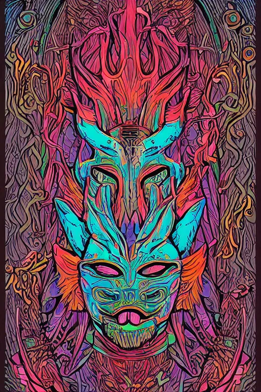 Image similar to animal mask totem roots flower tribal feather gemstone plant wood rock shaman vodoo video game vector cutout illustration vivid multicolor borderlands comics by josan gonzales and dan mumford radiating a glowing aura