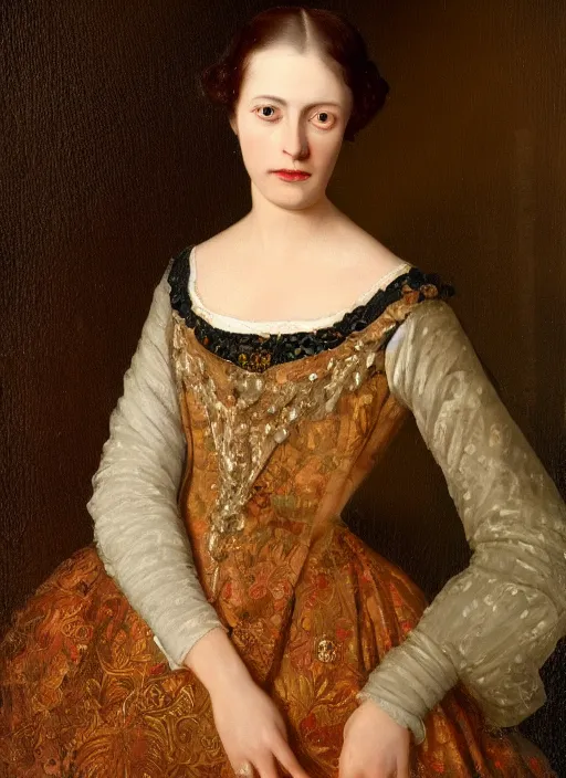 Image similar to jan nepomucen głowacki and ludwik de laveaux painted style portrait of karolina zebrowska, female fashion and dress historian, high detail, smooth face, high detail, 1 9 th century painting, 4 k