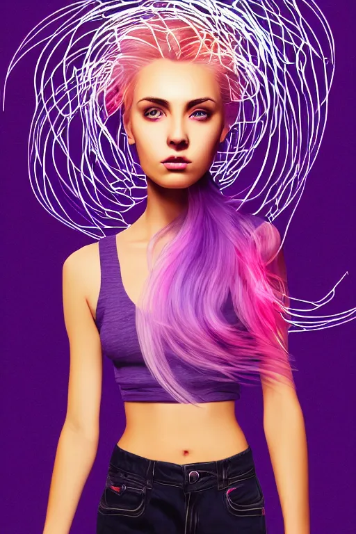 Image similar to a award winning half body portrait of a beautiful woman with stunning eyes in a croptop and cargo pants with ombre purple pink teal hairstyle and hands in pockets by thomas danthony, surrounded by whirling illuminated lines, outrun, vaporware, shaded flat illustration, digital art, trending on artstation, highly detailed, fine detail, intricate