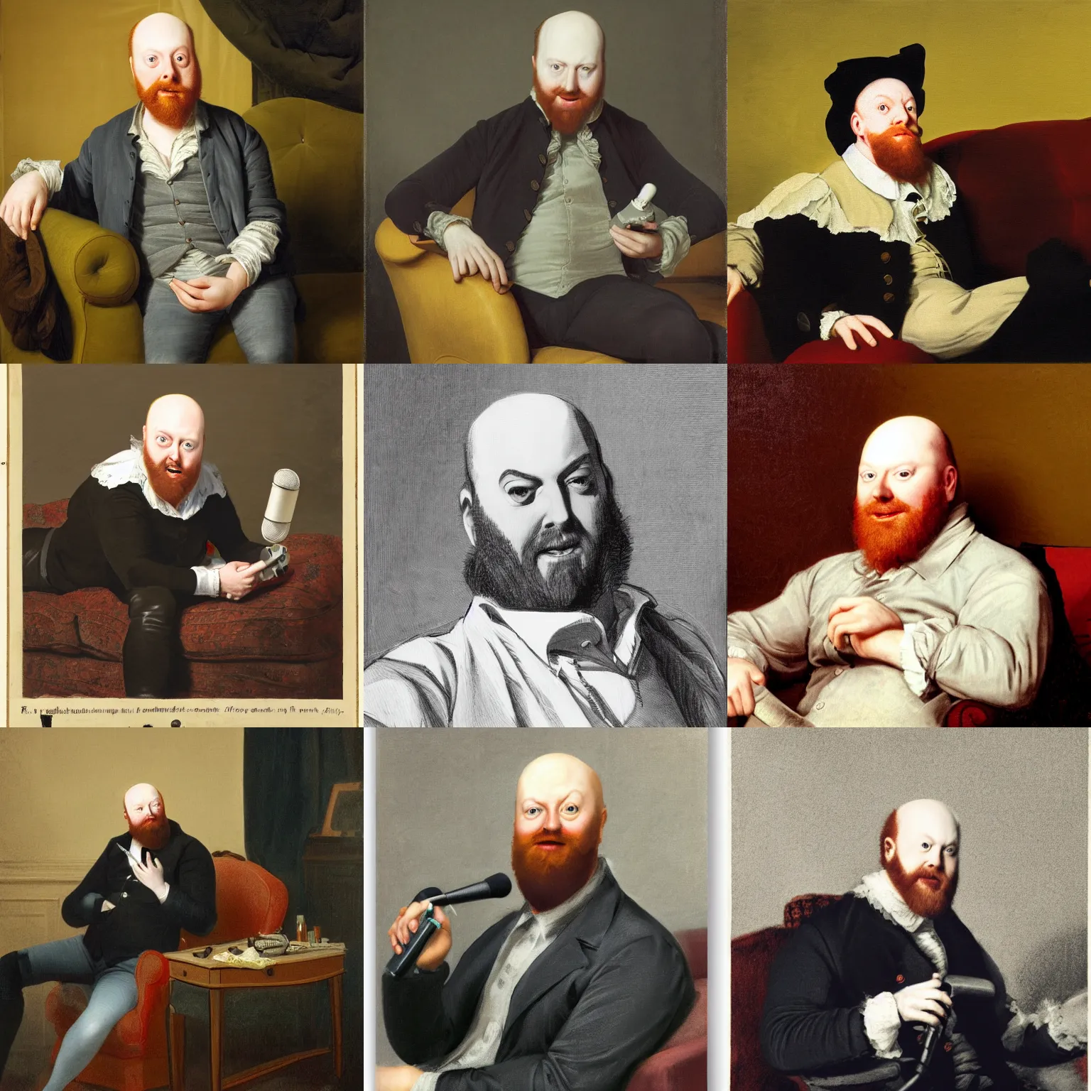 Prompt: playful portrait of angriestpat sitting on a couch, talking into a mic and pop filter by joseph ducreux