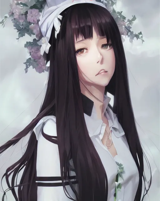 Image similar to An anime portrait of a beautiful girl with long black hair wearing a white blouse, by Stanley Artgerm Lau, WLOP, Rossdraws, James Jean, Andrei Riabovitchev, Marc Simonetti, and Sakimichan, tranding on artstation