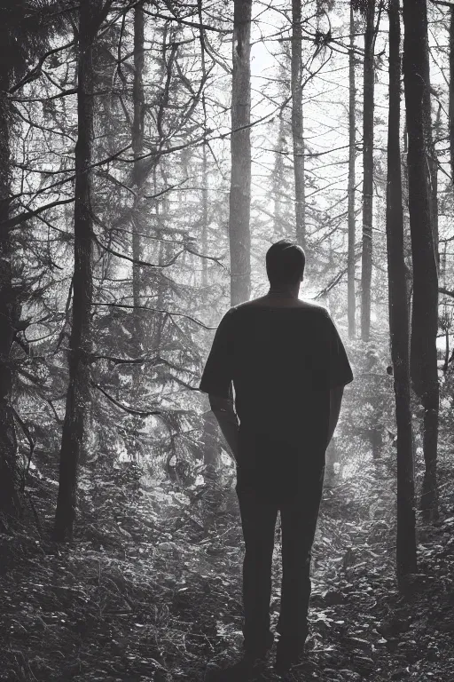 Image similar to kodak portra 4 0 0 photograph of a guy with deer antlers standing in a dark fantasy forest, back view, lens flare, moody lighting, moody vibe, telephoto, 9 0 s vibe, blurry background, grain, tranquil, calm, faded!,