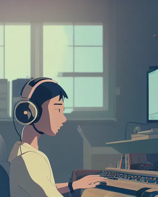 Image similar to man with headphones at his home studio producing music late at night, very detailed, 4 k, cory loftis, james gilleard, atey ghailan, makoto shinkai, goro fujita, studio ghibli, rim light, exquisite lighting, clear focus, very coherent