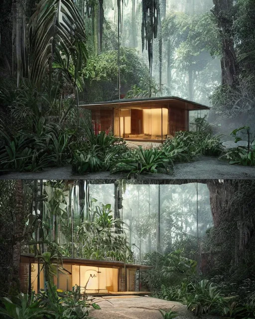 Image similar to a beautiful 3d renderings of a little house in the jungle, architecture by SOM Architect. Architectural photography, 14mm, cinematic photography, high resolution 4k, cg architects, vray