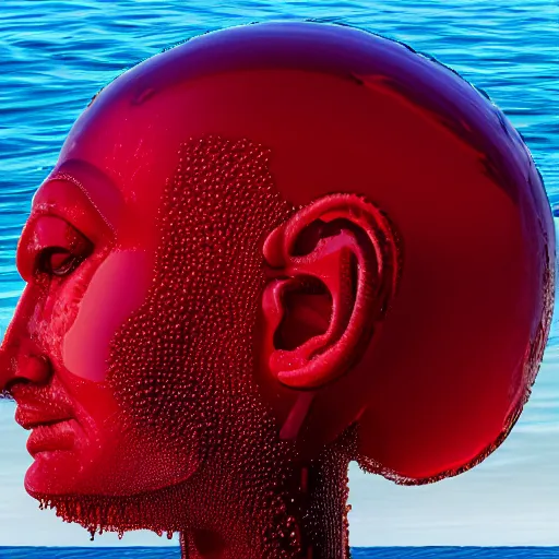Image similar to a giant human head sculpture in the sea made out of juicy and transparent red jelly, in the style of chad knight, long shot, hyper detailed, hyper realistic, ray tracing, 8 k resolution, sharp focus, realistic water, award winning