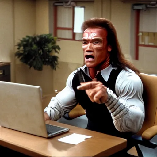 Image similar to actor arnold schwarzenegger as conan the barbarian sitting at a desk, as an office worker, in an office, inside an office building, sitting at a desk, angrily shouting at a laptop, angry at laptop, laptop computer, computer trouble, technical difficulties, software error, crisp lighting, corporate photography