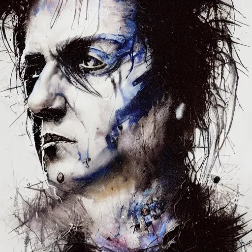 Image similar to stunning portrait of gaunt joe strummer a ( the cure fan ) as dream from sandman, dim stars as eyes, by jeremy mann, by cedric peyravernay, by by russ mills, by richard avedon and ben templesmith, dramatic lightning, sadness, dark eye sockets, in the shadows, punk rock, gothic, high detailed, 8 k