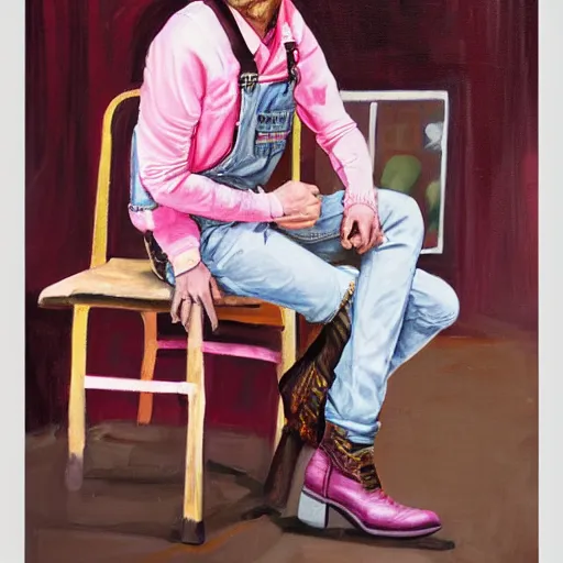 Prompt: jeffrey dahmer in pink overalls and brown boots, oil painting, gucci poster