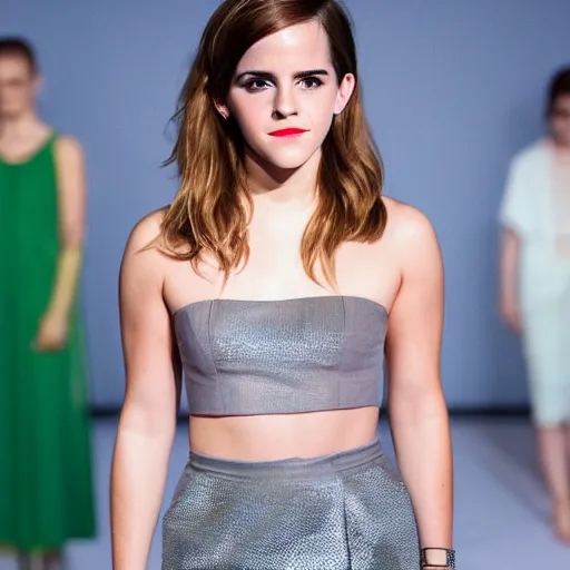 Prompt: Emma Watson at a fashion show, full-body portrait, clothed, EOS-1D, f/1.4, ISO 200, 1/160s, 8K, RAW, unedited, symmetrical balance, in-frame