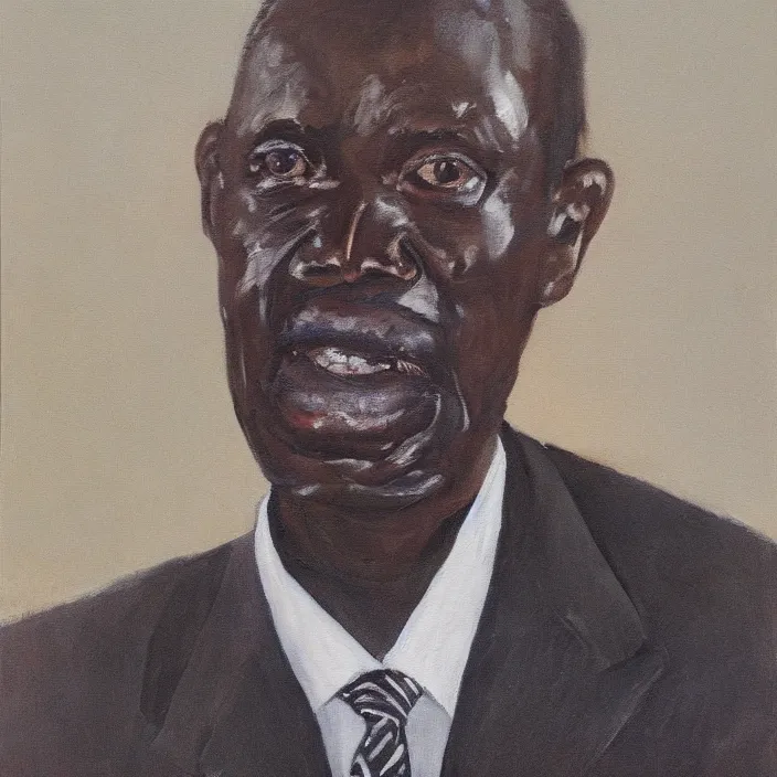 Image similar to a painting of a fatherly, aquiline nose, wide forehead, round face, XXL , loving, caring, generous, ever-present, humble, wise elder from Kenya with a friendly expression in a suit by Lynette Yiadom-Boakye . Fatherly/daddy, focused, loving, leader, relaxed,. ethereal lights, details, smooth, sharp focus, illustration, realistic, cinematic, artstation, award winning, rgb , unreal engine, octane render, cinematic light, macro, depth of field, blur, red light and clouds from the back, highly detailed epic cinematic concept art CG render made in Maya, Blender and Photoshop, octane render, excellent composition, dynamic dramatic cinematic lighting, aesthetic, very inspirational, arthouse.