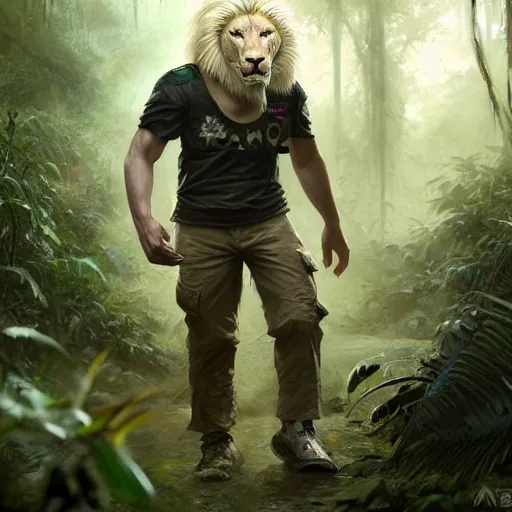 Image similar to commission portrait of a male anthro albino lion,wearing cargo pants and a boack t-shirt,going through a jungle cautiously.dramatic,character design by charles bowater,greg rutkowski,ross tran,hyperdetailed,hyperrealistic,4k,deviantart,artstation,professional photography,concept art