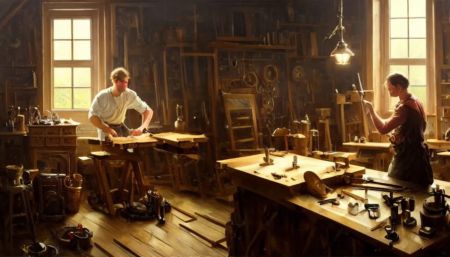 Image similar to highly detailed oil painting | very intricate | cinematic lighting | award - winning | craftsman | building a piece of furniture in their workshop | by greg rutkowski, by j. c. leyendecker, beautiful cinematic light, american romanticism, by anders zorn, by greg manchess, by jessica rossier, artstation, cgsociety, official art, octane