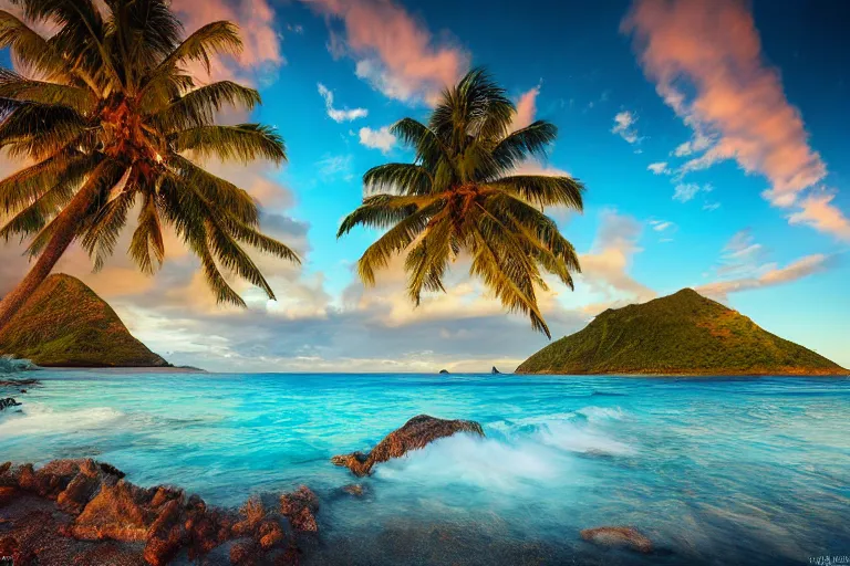 Prompt: amazing landscape photo of beach with coconut trees and turquoise water by marc adamus, beautiful, dramatic lighting