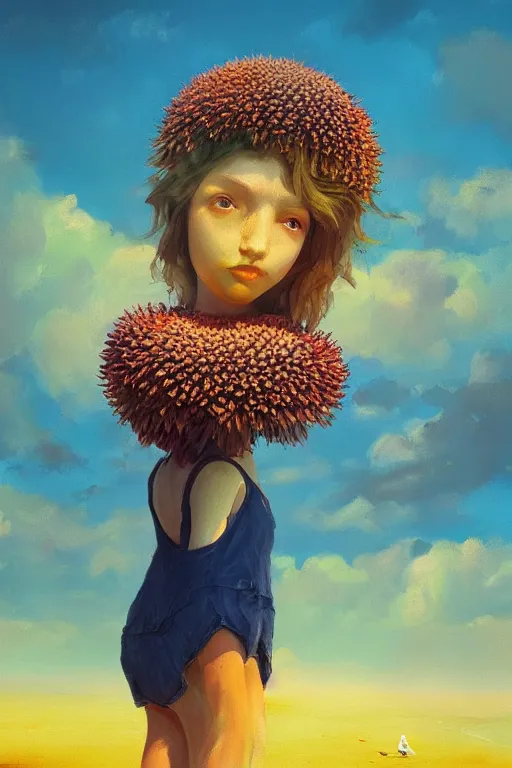 Image similar to closeup giant dahlia flower head, girl on beach, surreal photography, blue sky, sunrise, dramatic light, impressionist painting, digital painting, artstation, simon stalenhag