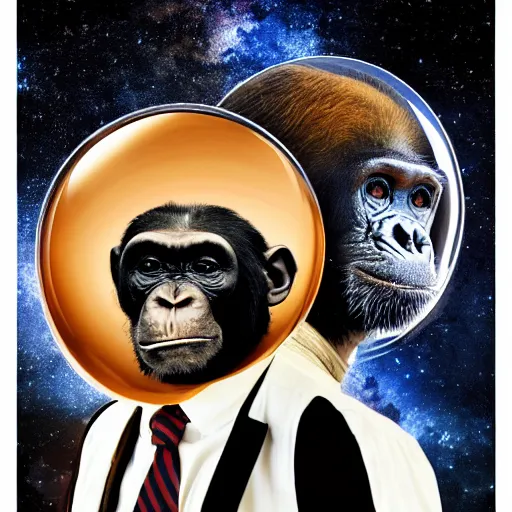 Prompt: double exposure portrait split in the middle, showcasing one astronaut and one chimpanzee in a suit posing with space in the background, pencil art, high definition, dynamic lighting stars, sharpness, golden ratio