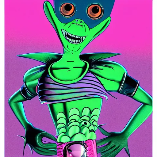 Image similar to a pink punk rock alien with spiked hair, an airbrush painting by Jamie Hewlett, cgsociety, symbolism, antichrist, aesthetic, 8k