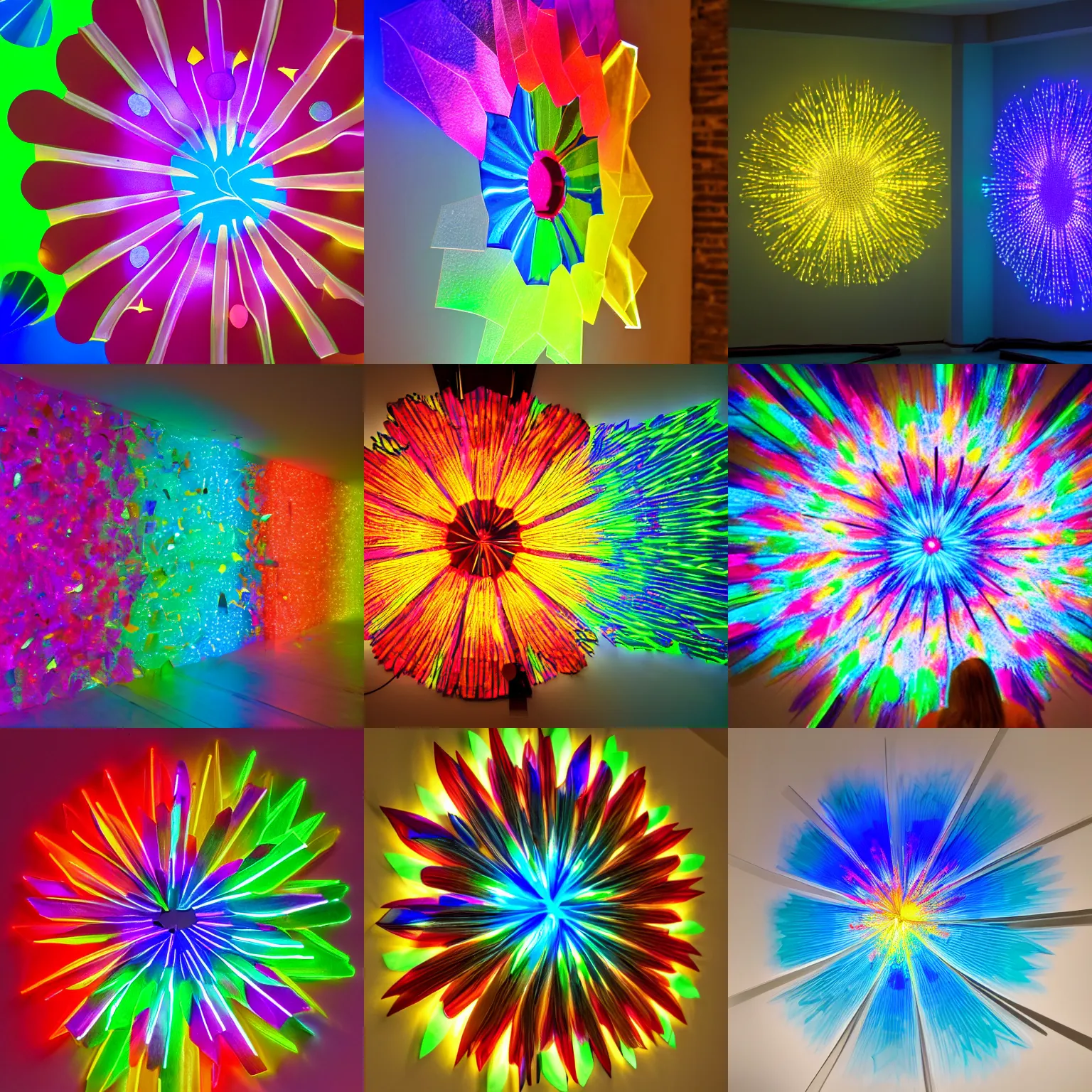 Prompt: mesmerizing light installation made of colored glass shards dropping colored shadows on the wall by chris wood, depicting a flower, detailed 4 k photo