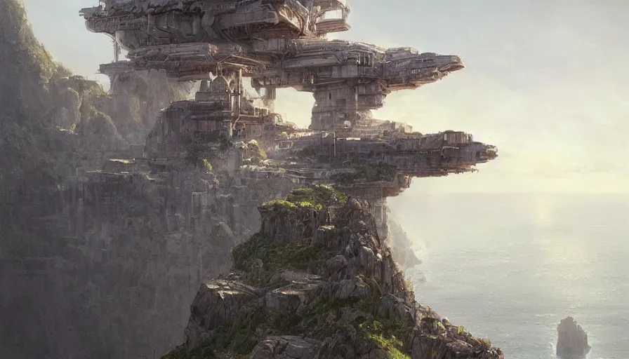 Prompt: imperial base perched on a cliff overlooking a magnificient bay, by james gurney, greg rutkowski, drawing architecture, highly detailed digital art, artstation, greig fraser