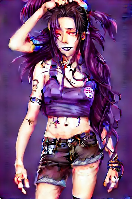 Image similar to a portrait of dilraba dilmurat as revy from black lagoon, smirk, black tank top, jean shorts, brown eyes, purple hair, tribal tattoos right arm sleeve, symmetrical eyes, symmetrical face, art by lois van baarle and loish and ross tran and rossdraws and sam yang and artgerm
