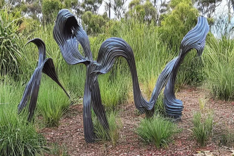 Image similar to “dramatic award-winning sculpture in an Australian wetlands, sculpture garden”