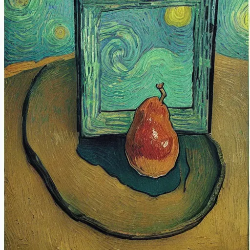 Prompt: “Van Gogh going gothic with a pear filled ballon of beef”