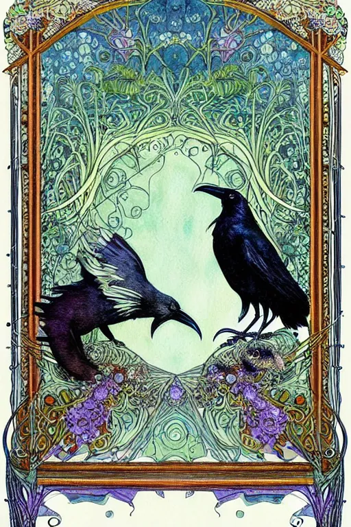 Image similar to photo realistic single realistic raven in the center of an ornate floral frame, art by kay nielsen and walter crane, illustration style, watercolor