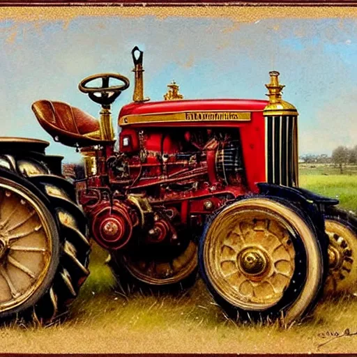 Image similar to ( ( ( ( ( royal farm tractor, fully ornated with intricate gold and jewels. muted colors. ) ) ) ) ) high resolution, high quality, by jean - baptiste monge!!!!!!!!!!!!!!!!!!!!!!!!!!!