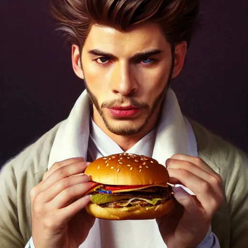 Image similar to portrait of a kosmo Kramer eating a hamburger, extra onions and ketchup, luscious patty with sesame seeds, masculine, handsome, D&D, fantasy, intricate, elegant, highly detailed, digital painting, artstation, concept art, matte, sharp focus, illustration, art by Artgerm and Greg Rutkowski and Alphonse Mucha